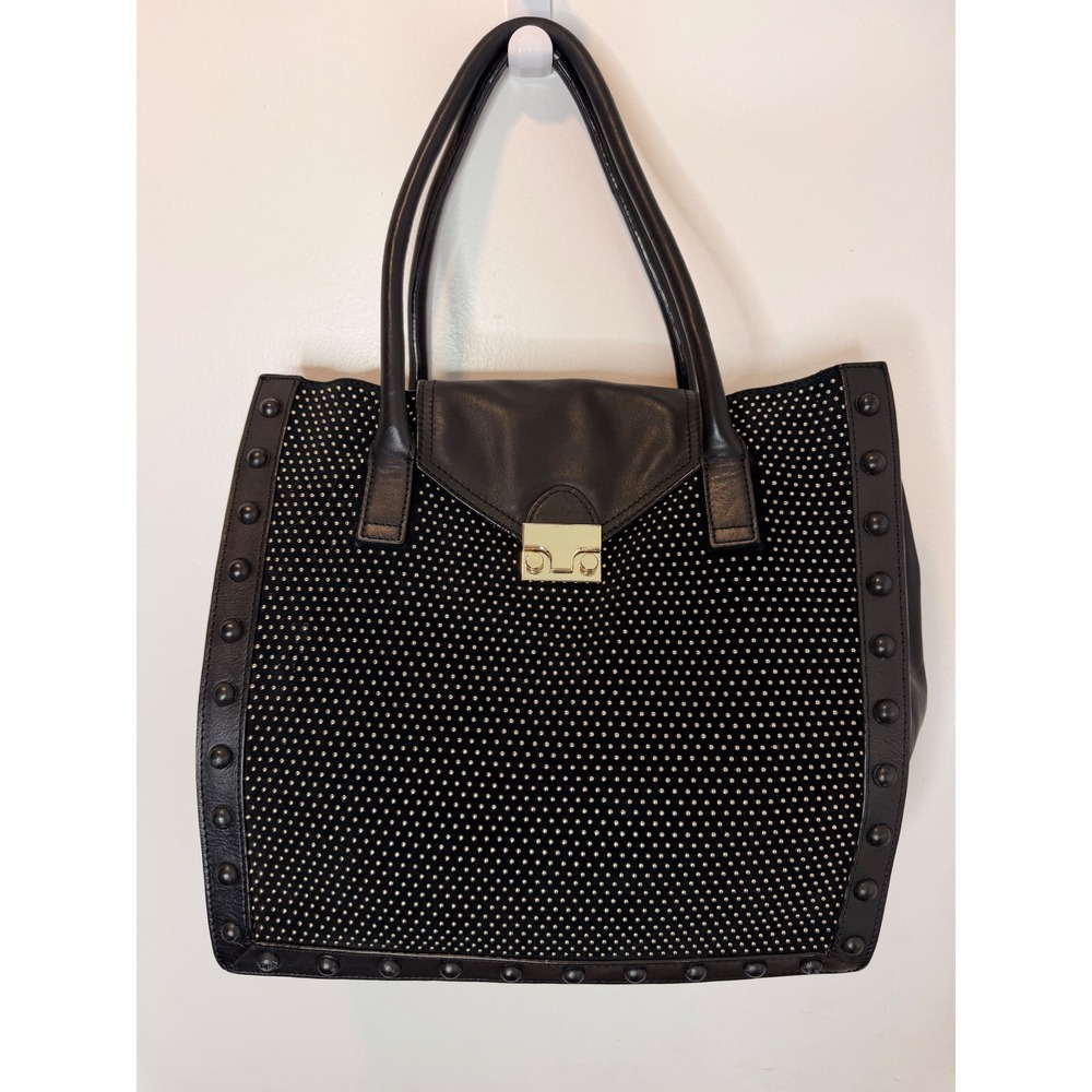 Loeffler Randall Black Leather Suede Studded Tote Bag Gold Push Lock Tote Bag